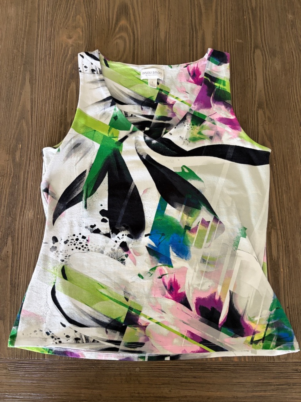 Bisou Bisou White Tank Top with Green, Pink & Black Abstract Floral Print